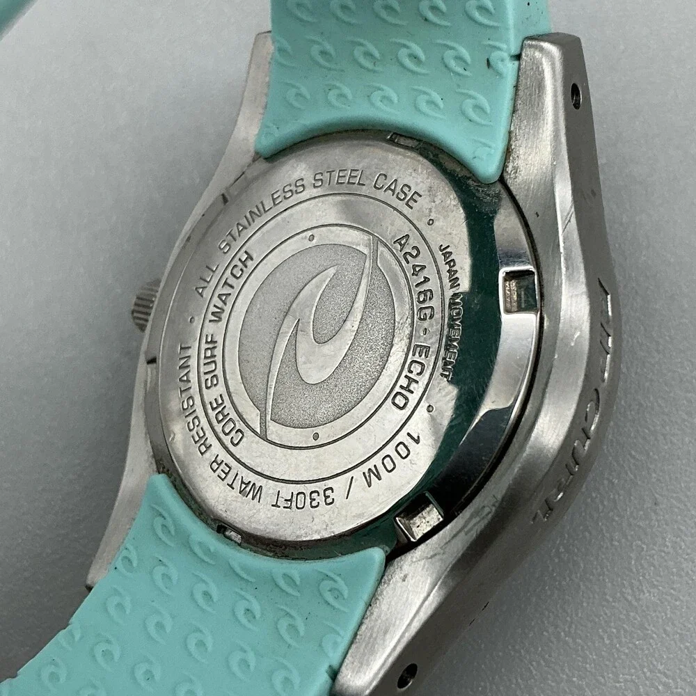 Rip Curl Echo Womens Watch 33mm Silver Tone Aqua Rubber Surf Date New Battery